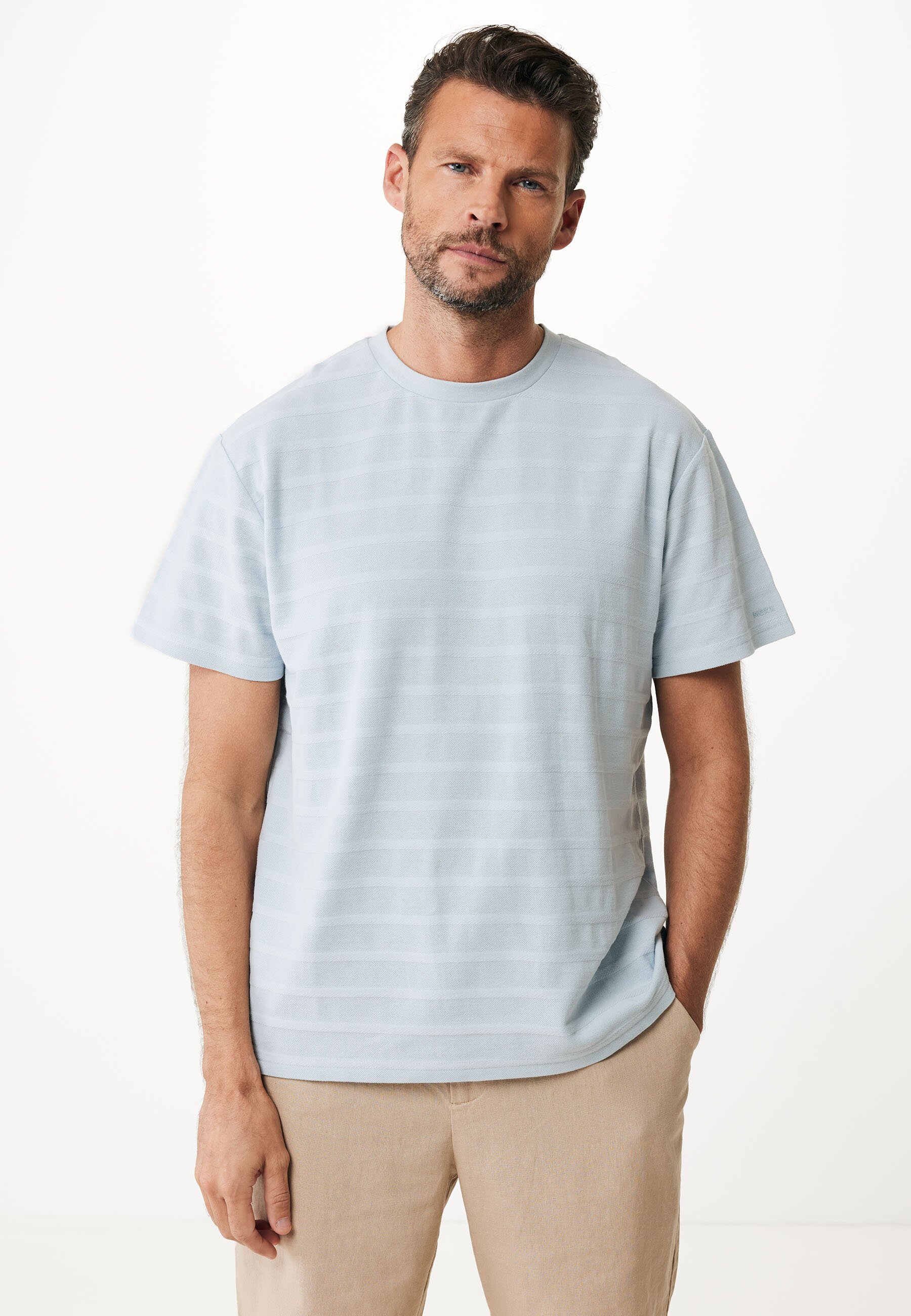 Pique T-shirt With Structured Stripes Mannen - Blauw - Maat S