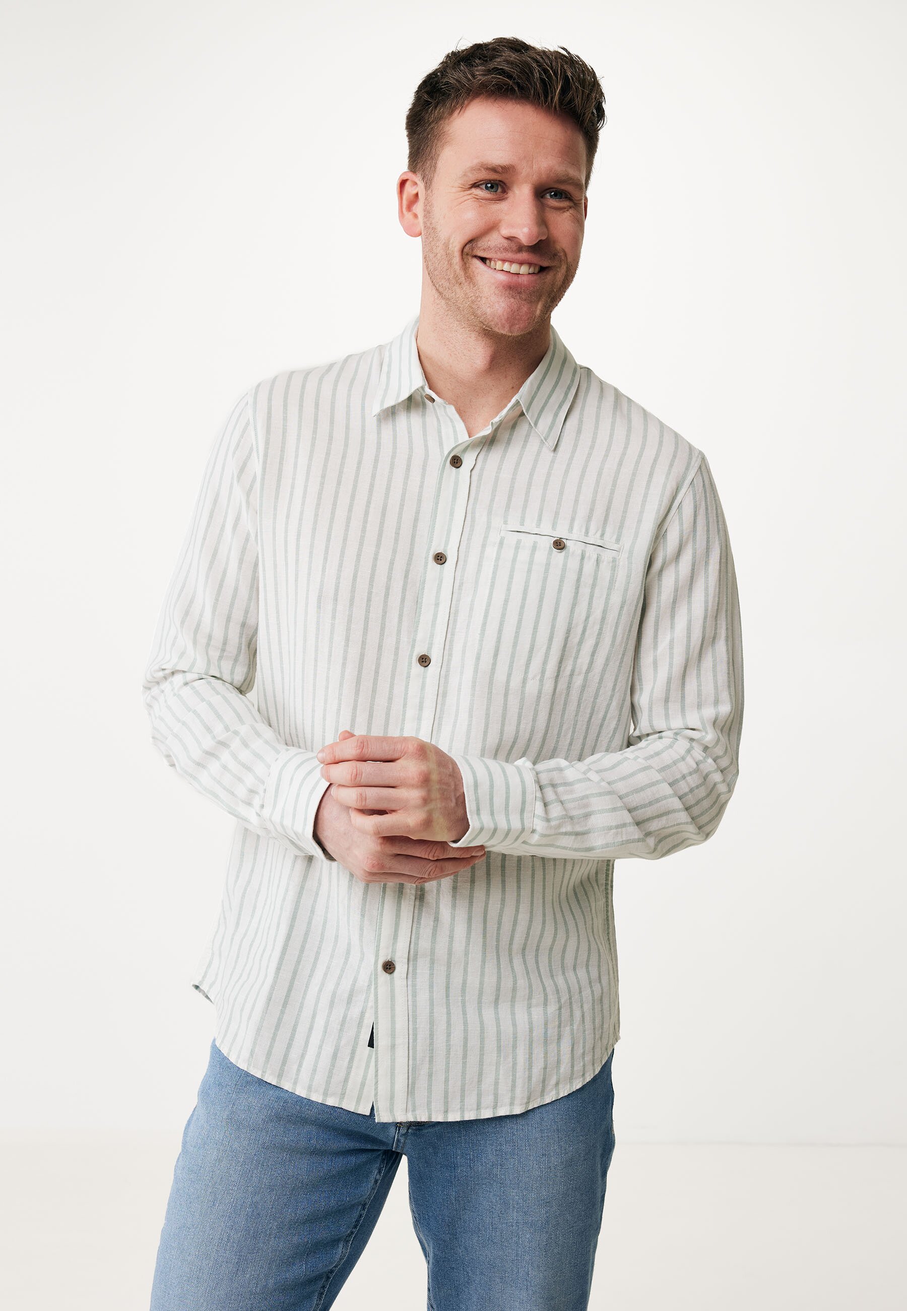 Striped Linen Blend Shirt With Pocket LS Mannen - Off White - Maat S