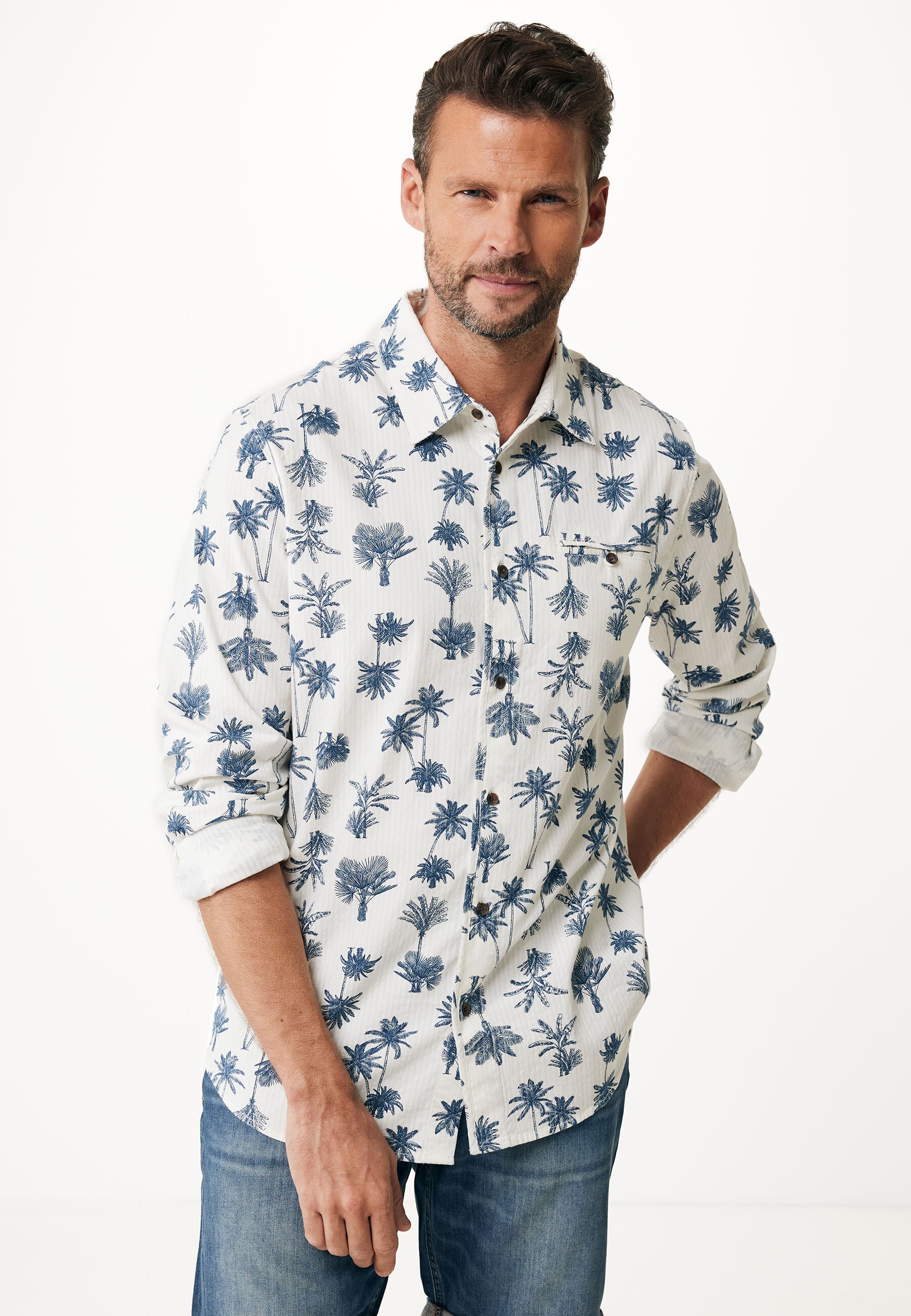 Seersucker Shirt With Palm Allover Print Mannen - Off White - Maat S