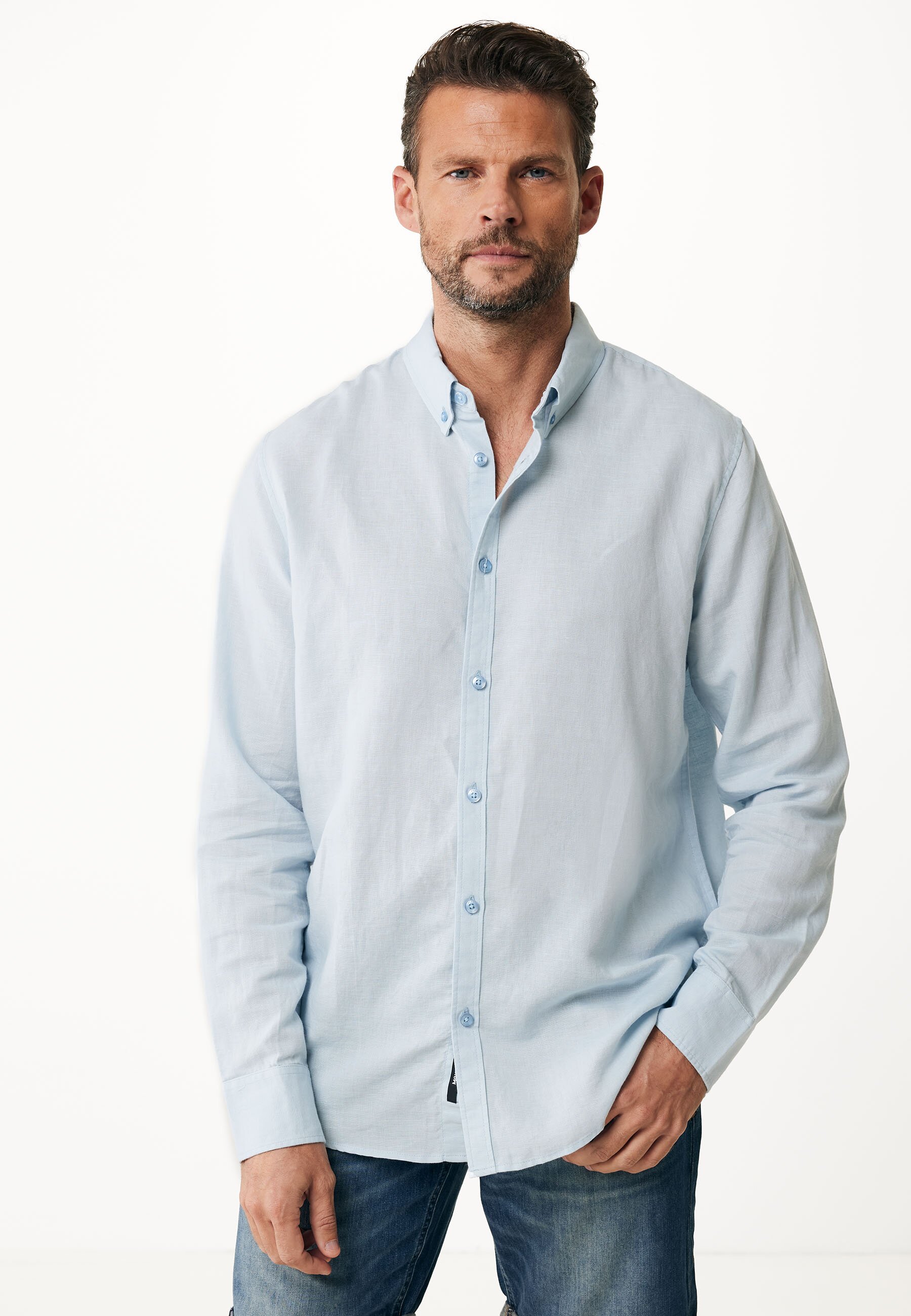 Mexx CALEB Basic Linen Shirt Mannen - Blauw - Maat M