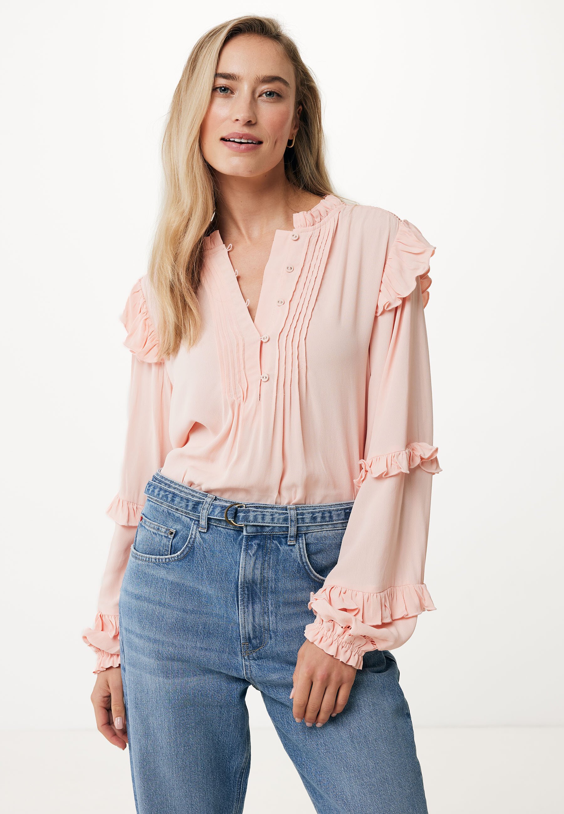 Blouse With Ruffled Sleeves Dames - Light Coral - Maat XL