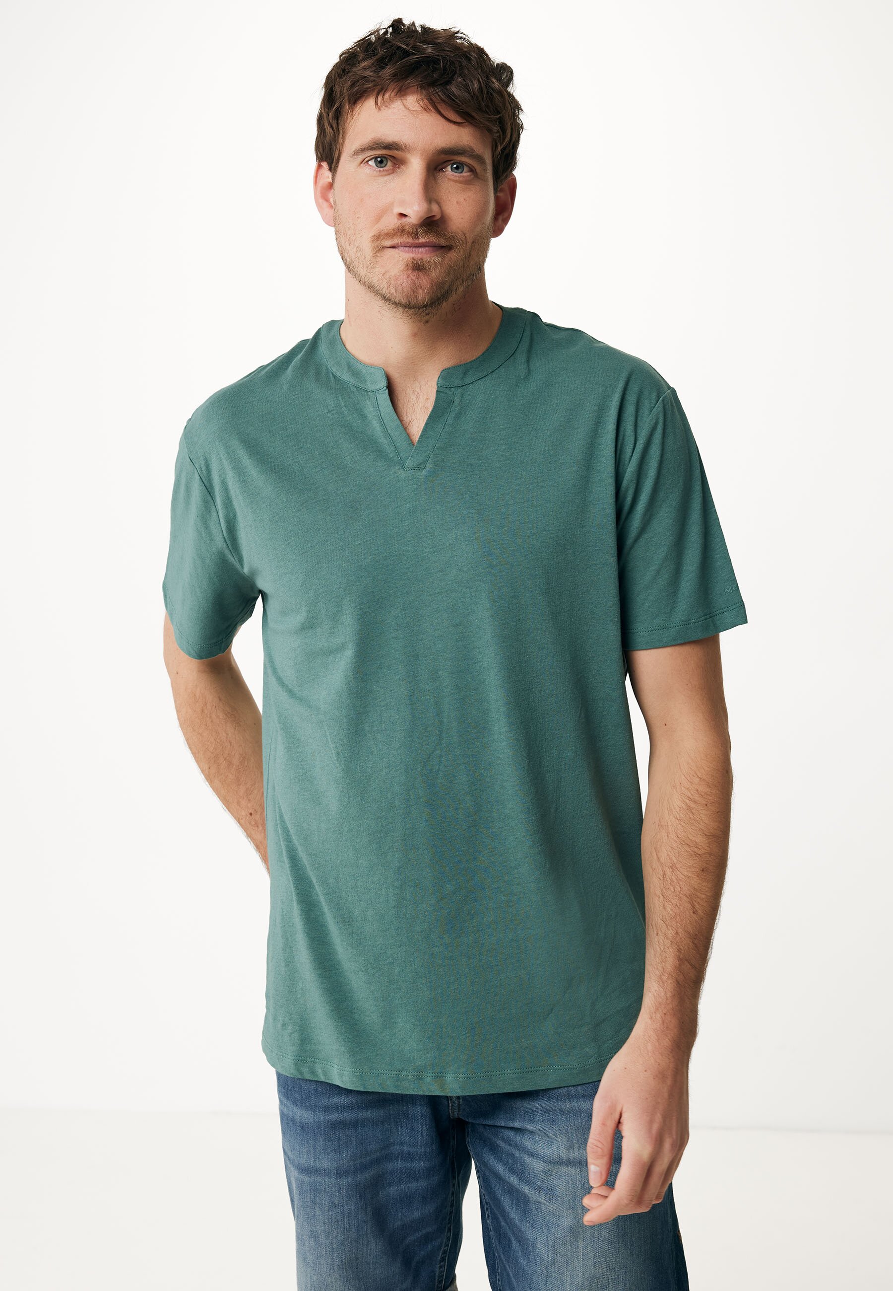 Linen Blend T-shirt SS Mannen - Donker Groen - Maat L