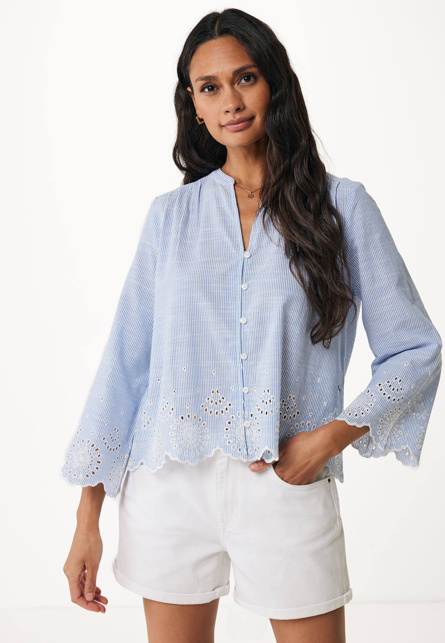 Embroidery Blouse With Gathering Details Dames - Light Faded Blauw - Maat XS