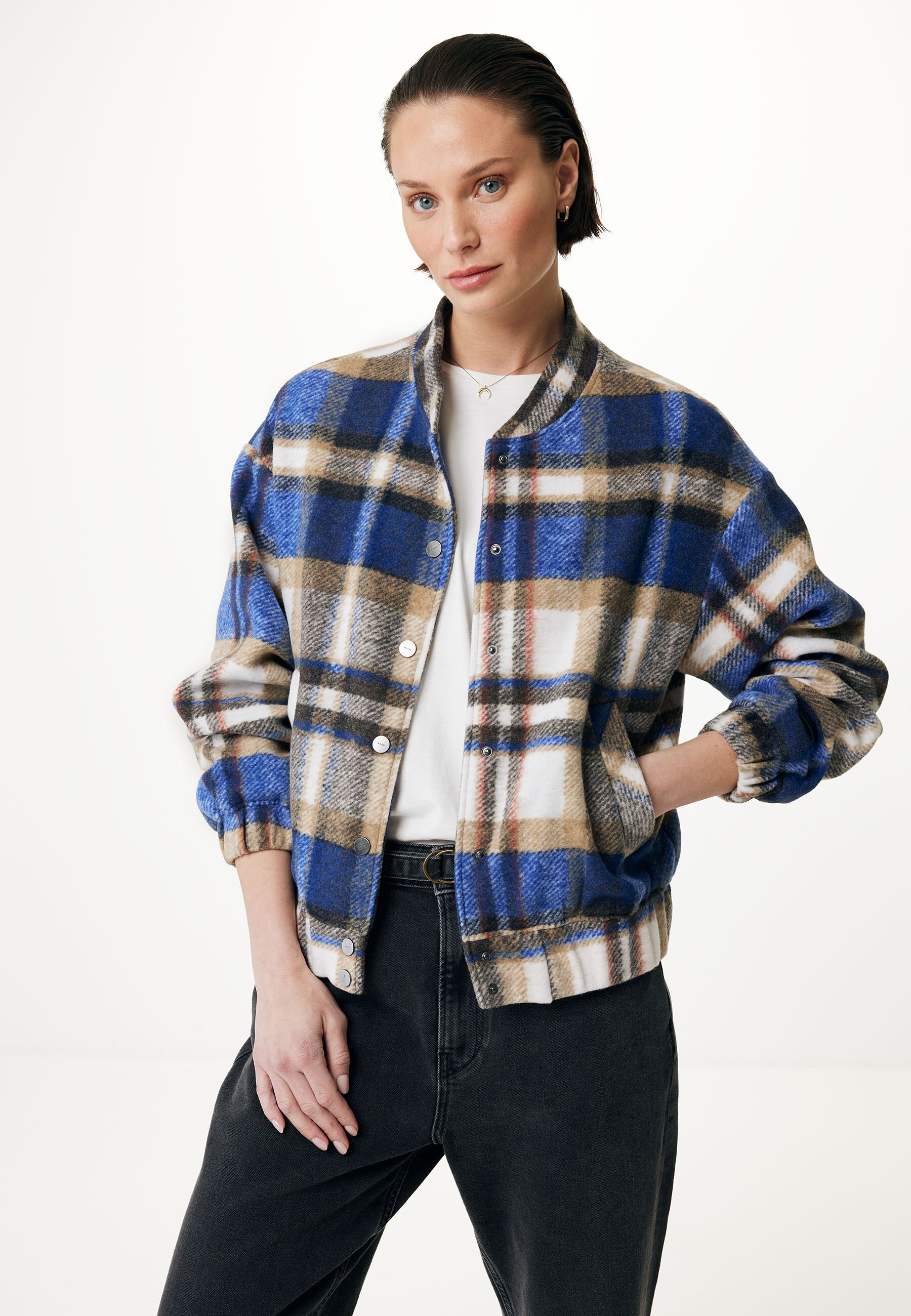 Mexx Checked Bomber Jacket Dames - Bright Blauw - Maat S