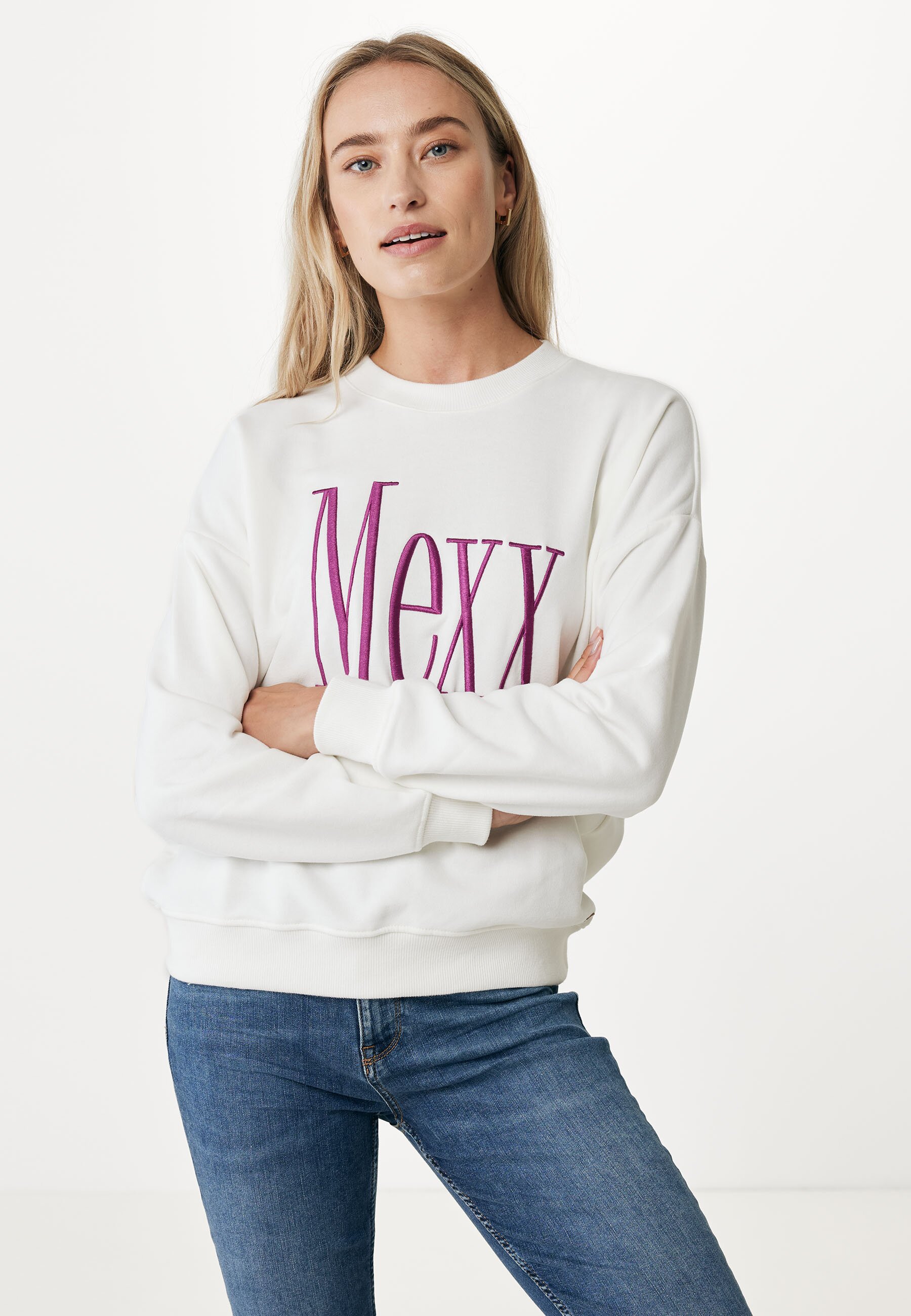 Mexx Crew Neck Sweater With Thick Embroidery Dames - Off White - Maat L