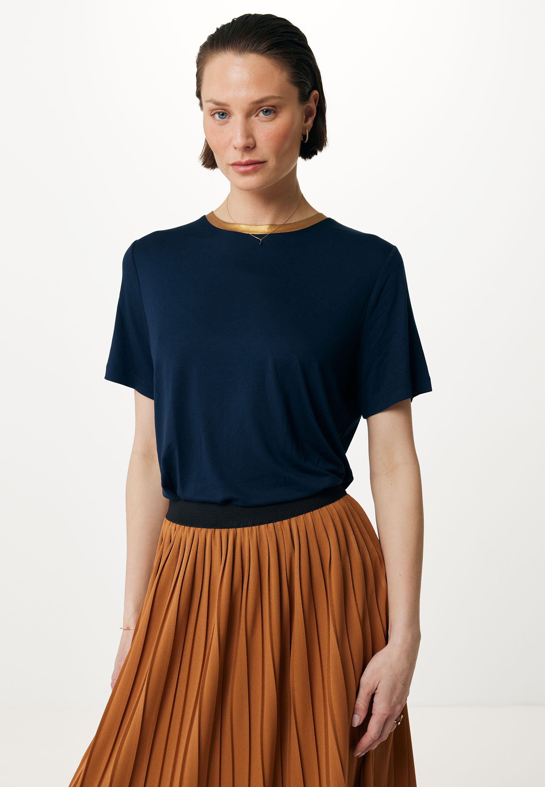 Mexx Short Sleeve Tee With Foil Coated Neckline Dames - Navy - Maat L