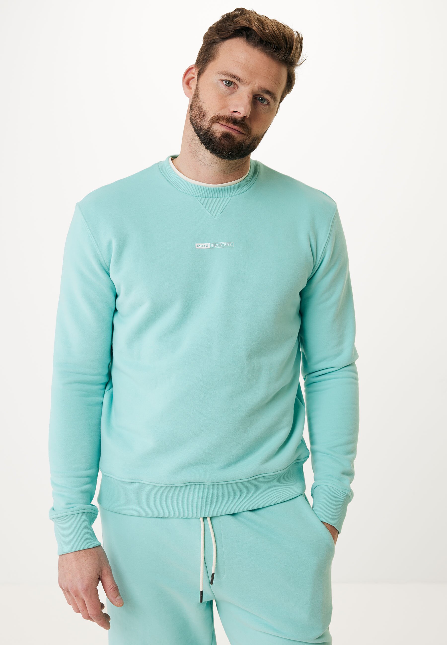 Mexx Crew Neck Sweater With Small Chest Print Mannen - Aqua Blauw - Maat S