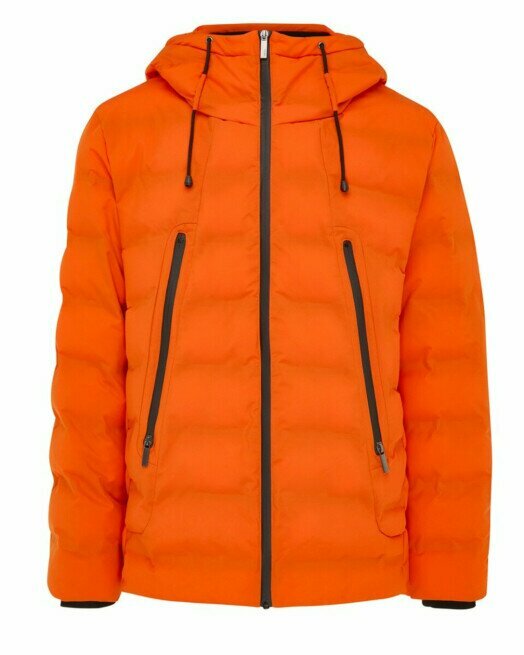 orange puffer jacket with fur hood