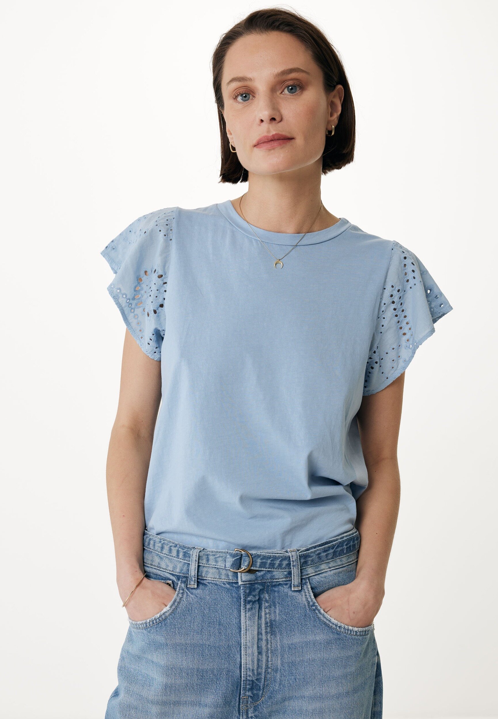 Mexx Top With Broidery Sleeves Dames - Baby Blauw - Maat XS