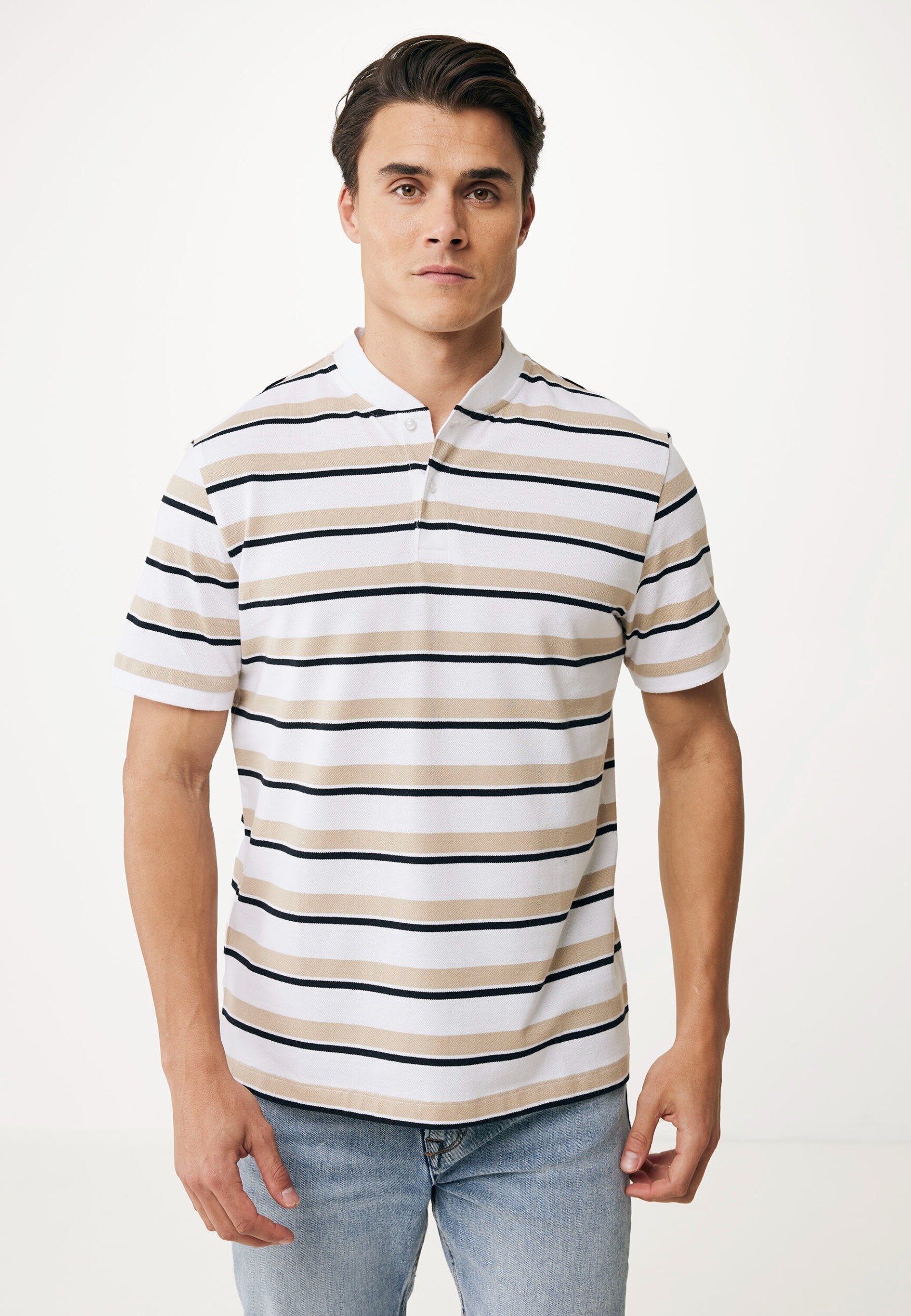 Striped Polo With Bomber Collar SS Mannen - Zand - Maat L