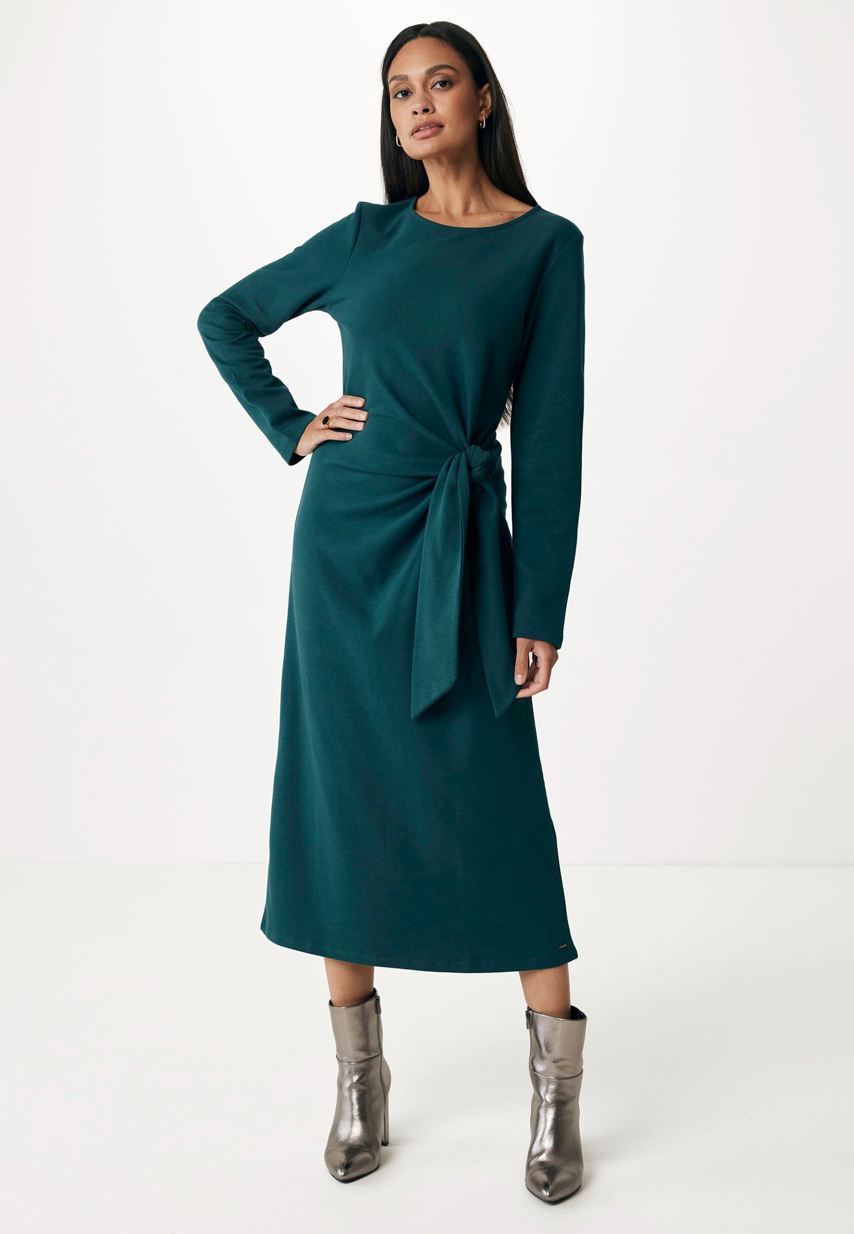 Mexx Lange Mouwen Jurk With Knotted Detail At Waist Dames - Donker Groen - Maat XS