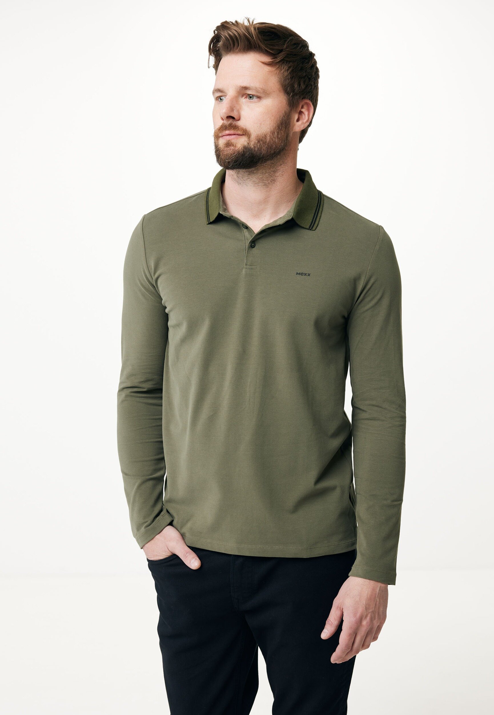 Mexx BAS Basic Lange Mouwen Jersey Polo Mannen - Olijf - Maat XXL