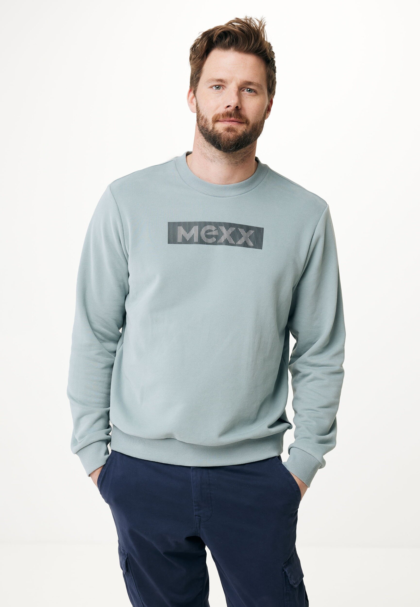 Mexx Crew Neck Sweater With Rubber Chest Mannen - Greyish Green - Maat XXL