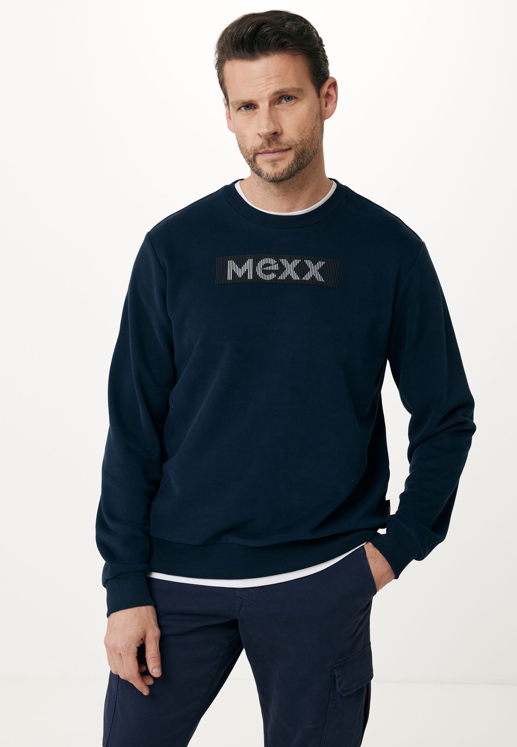 Mexx Crew Neck Sweater With Rubber Chest Mannen - Navy - Maat XXL
