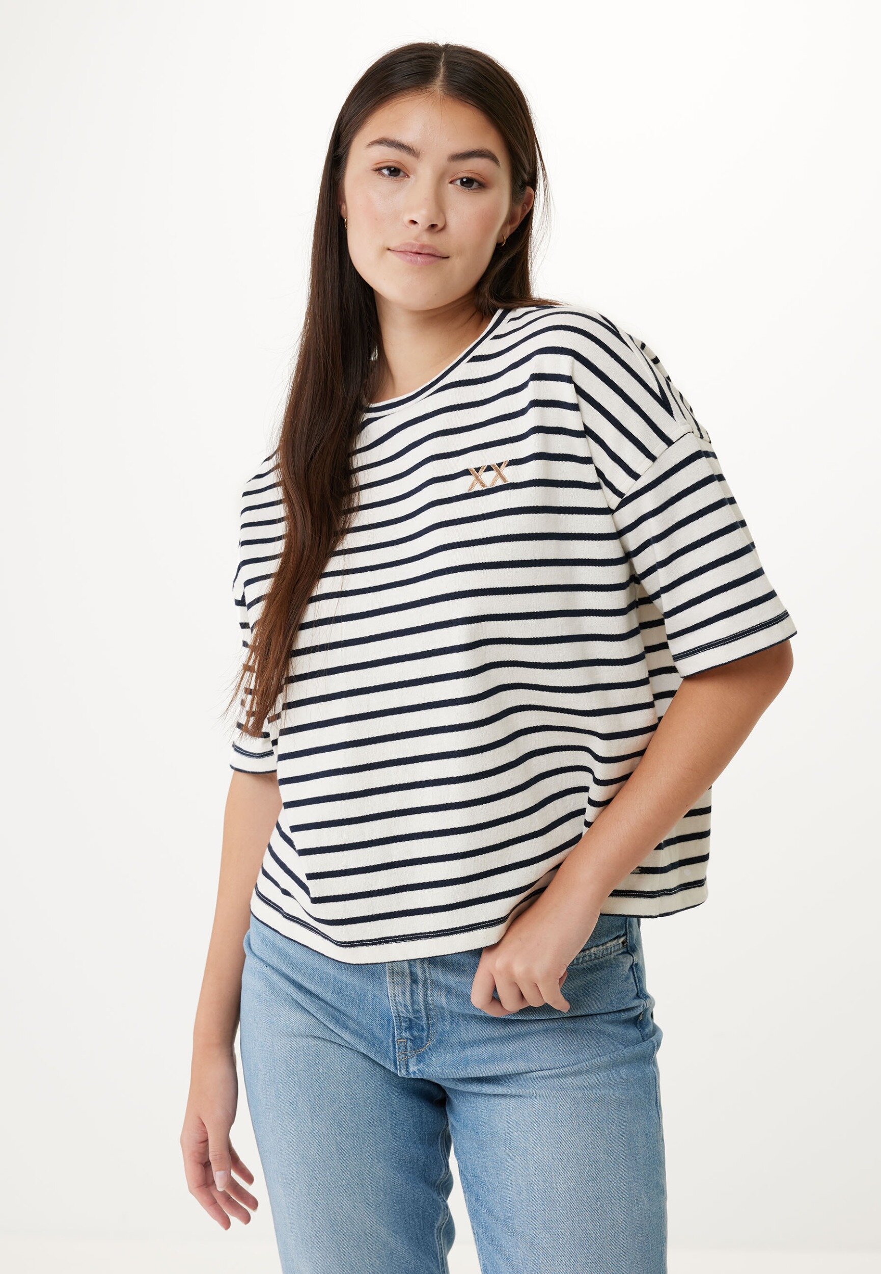 Mexx Striped Short Sleeve Roundneck Dames - Off White - Maat XS